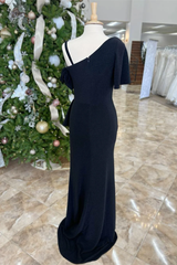 Black Classic Pleated Mermaid Slit Mother of the Bride Dress