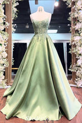 Sage Green Spaghetti Straps Corset Prom Dress with Applique