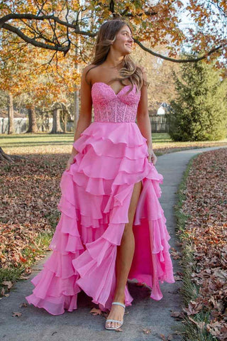 Hot Pink Strapless Tiered Ruffles Long Formal Gown with Slit