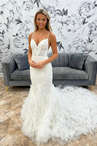 White Ruffles Straps Mermaid V Neck Appliques Long Wedding Dress