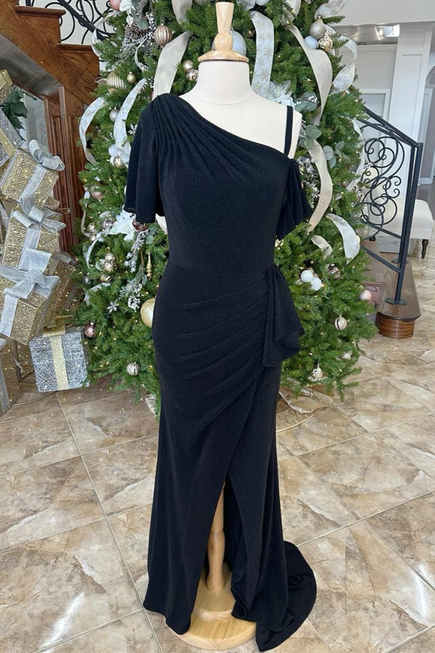 Classic Black Pleated Mermaid Slit Mother of the Bride Dress