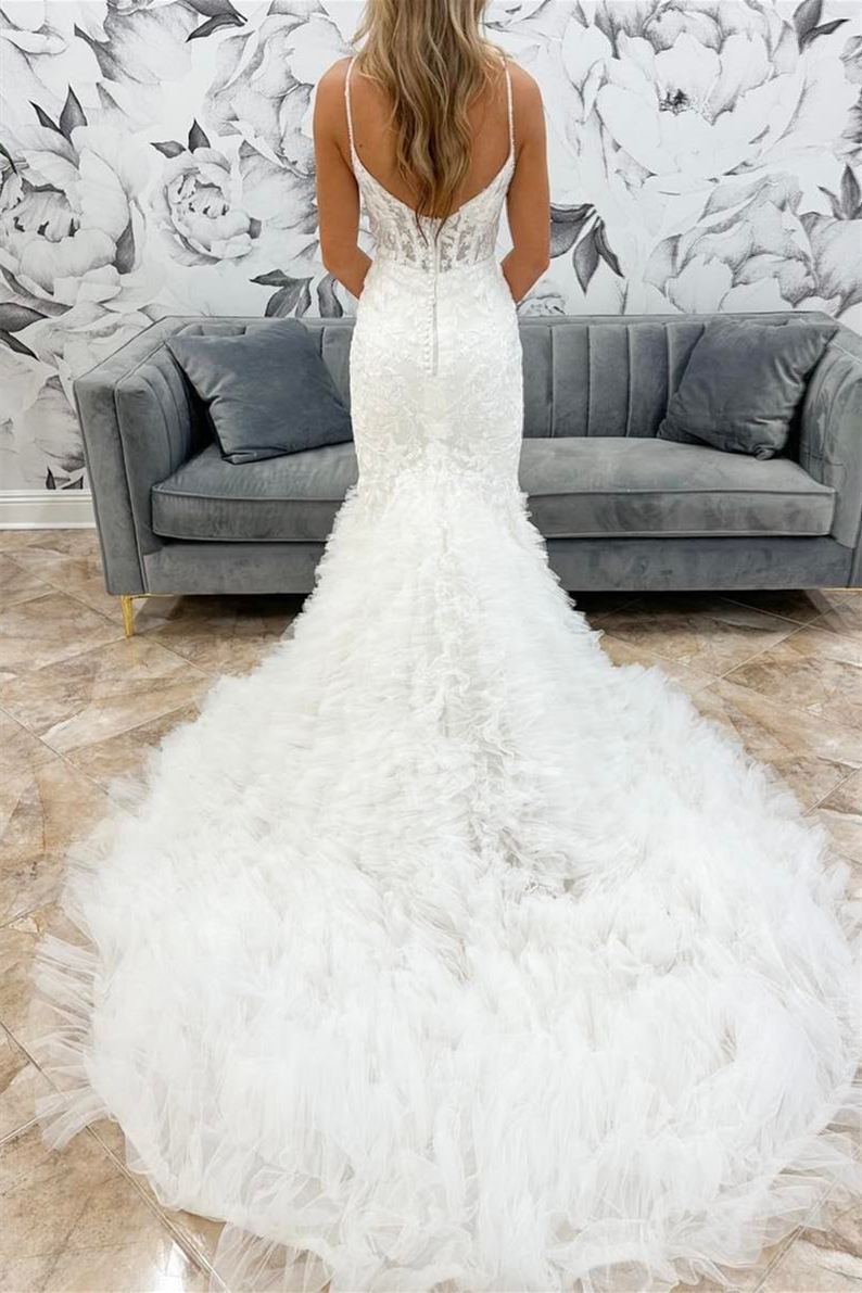 White Ruffles Straps Mermaid V Neck Appliques Long Wedding Dress