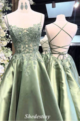 Lace-up Sage Green Spaghetti Straps Corset Prom Dress with Applique