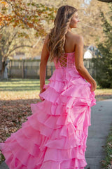 Hot Pink Beaded Strapless Tiered Ruffles Long Formal Gown with Slit