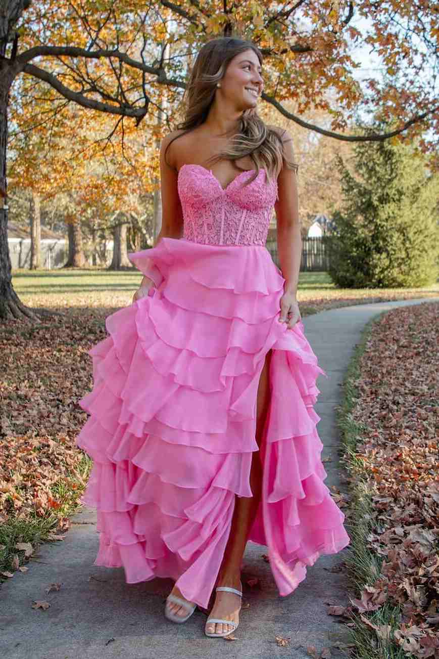 Hot Pink Strapless Lace-up Tiered Ruffles Long Formal Gown with Slit