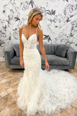 White Ruffles Straps Mermaid V Neck Appliques Long Wedding Dress