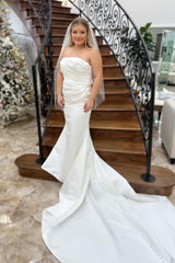 White Satin Strapless Pleated Mermaid Long Wedding Dress