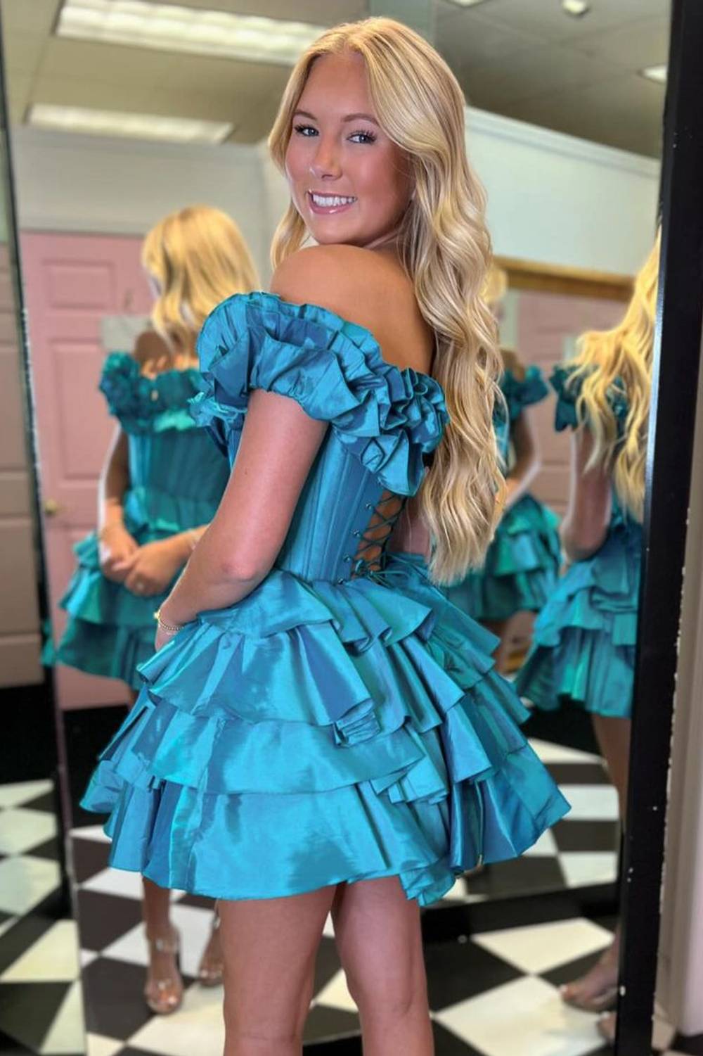 Off-the-Shoulder Corset Ruffle Tiered Homecoming Dress