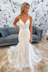 White Tulle Mermaid Appliques Deep V Straps Long Wedding Dress