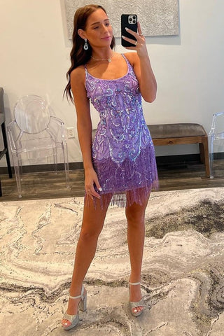 Purple Sequin-Embroidery Fringes Bodycon Cocktail Dress