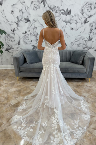 White Tulle Mermaid Appliques Deep V Straps Long Wedding Dress