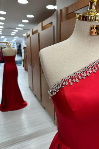 One-Shoulder Red Beaded Long Dress with Attached Train