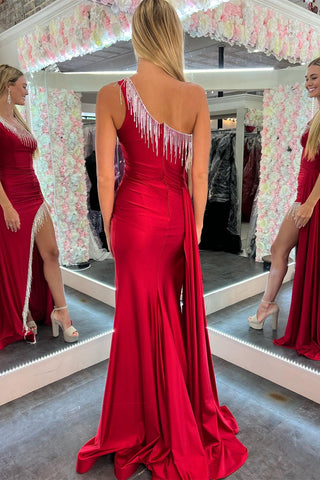 Wine Red One-Shoulder Mermaid Long Gown with Tassels