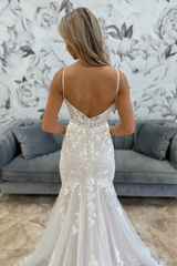 White Tulle Mermaid Appliques Deep V Straps Long Wedding Dress