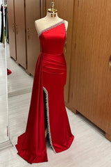 One-Shoulder Red Beaded Long Dress with Attached Train