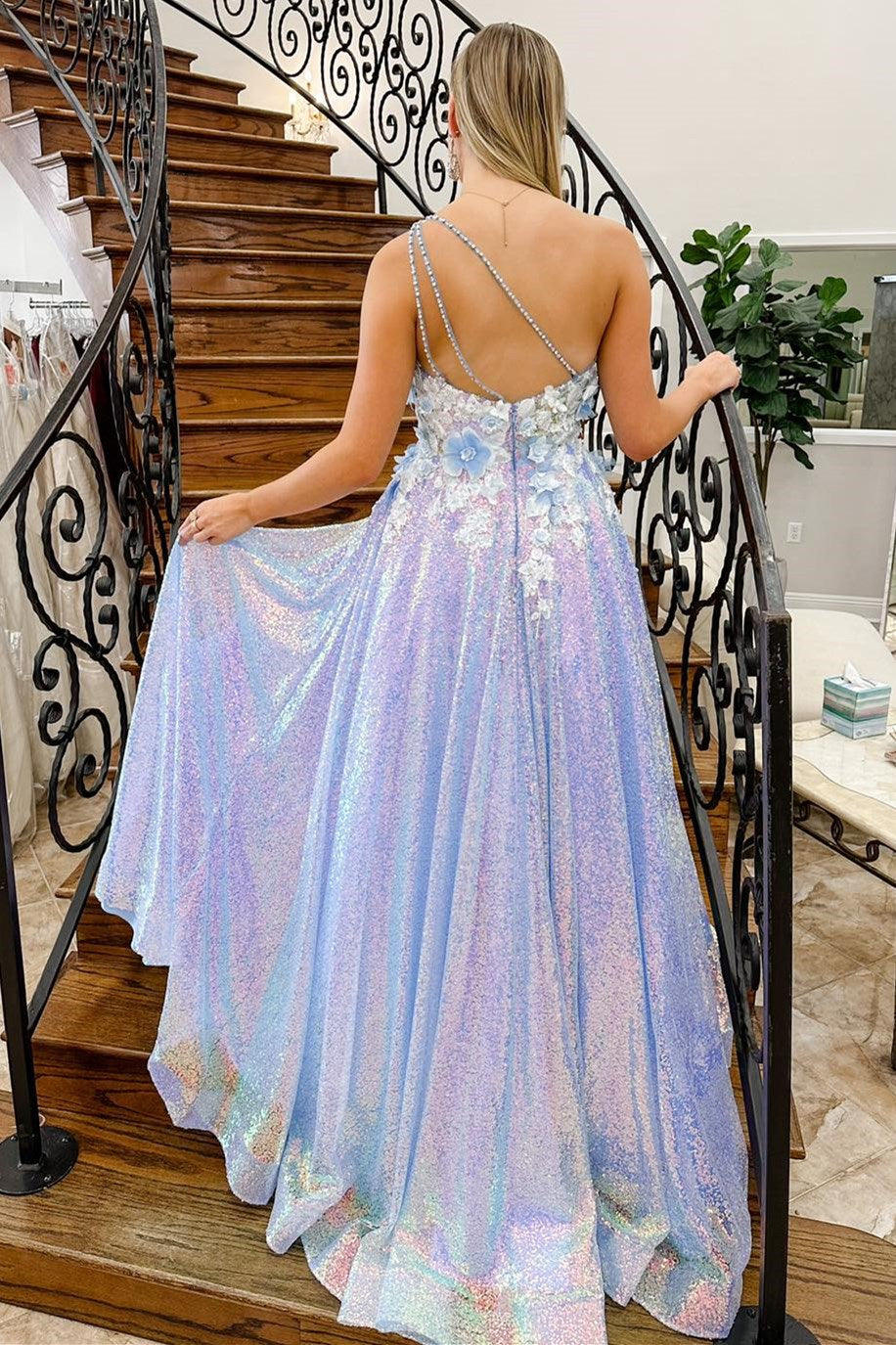 One-Shoulder Lilac Sequin Long Gown with 3D Floral Lace