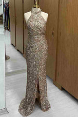 Beaded Halter Mermaid Sequin Long Evening Dress with Slit