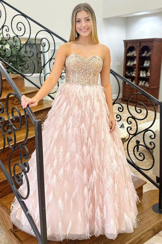 Pink Beaded Sweetheart Long Gown with Feathers