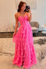 Hot Pink Sweetheart Chiffon  Tiered Ruffles Prom Dress with Slit