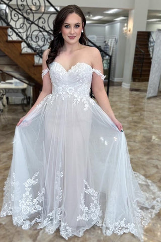 White Off-the-Shoulder Appliques Tulle Long Wedding Dress
