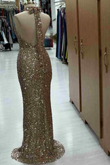 Halter Mermaid Sequin Long Evening Dress with Slit