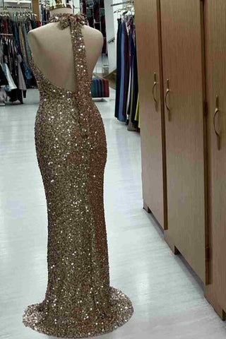 Halter Mermaid Sequin Long Evening Dress with Slit