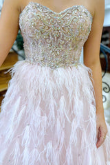 Pink Beaded Sweetheart Long Gown with Feathers