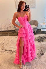 Chiffon Hot Pink Sweetheart Tiered Ruffles Prom Dress with Slit