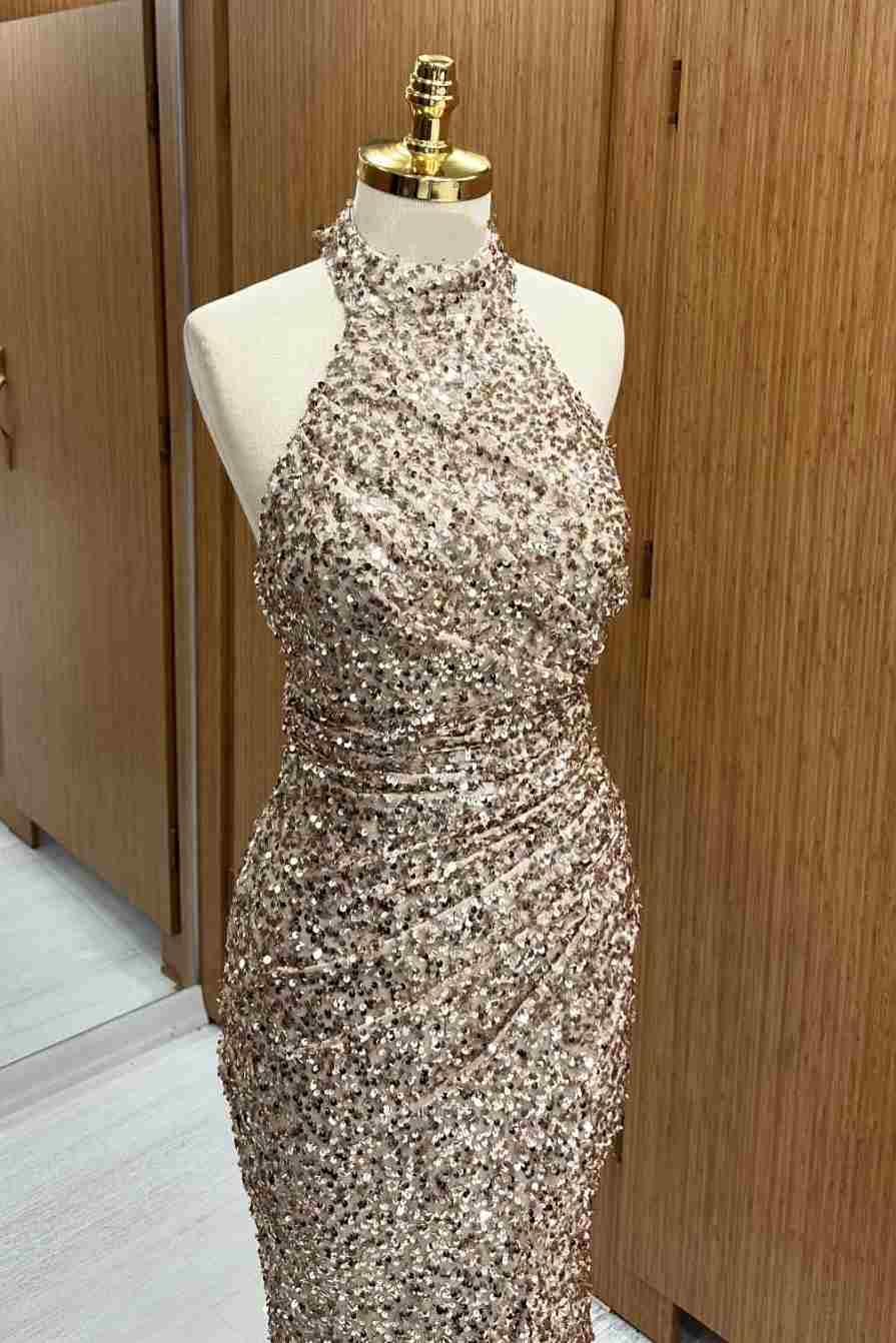 Taupe Beaded Halter Mermaid Sequin Long Evening Dress with Slit