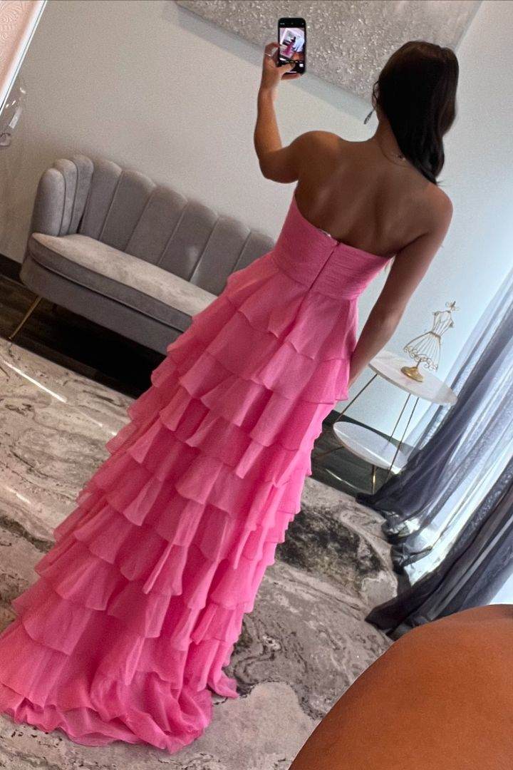 Tiered Ruffles Chiffon Hot Pink Sweetheart  Prom Dress with Slit