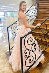 Pink Beaded Sweetheart Long Gown with Feathers