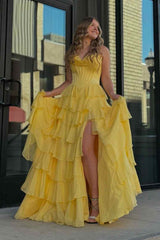 Yellow Strapless A-Line Ruffle Long Prom Dress with Slit