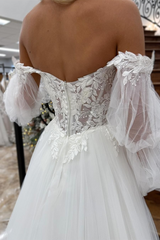 White Off-the-Shoulder Illusion Sleeves Appliques A-line Tulle Long Wedding Dress