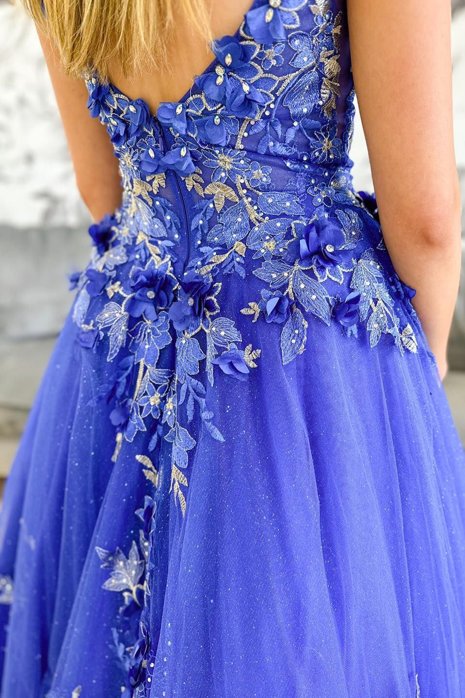 Blue V-Neck Open Back Ball Gown with Floral Appliques