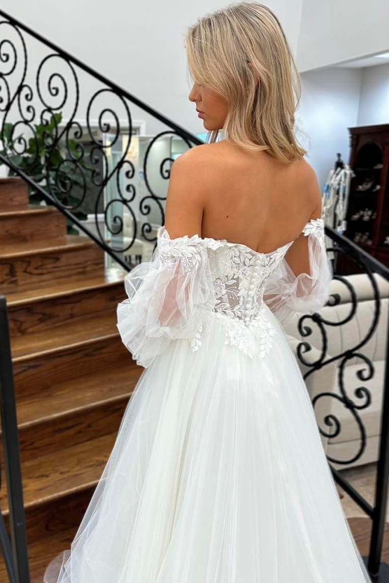 White Off-the-Shoulder Illusion Sleeves Appliques A-line Tulle Long Wedding Dress