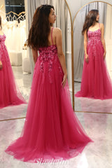 Fuchsia Spaghetti Straps Corset Tulle Applique Prom Dress