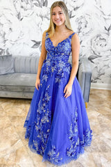 Blue V-Neck Open Back Ball Gown with Floral Appliques