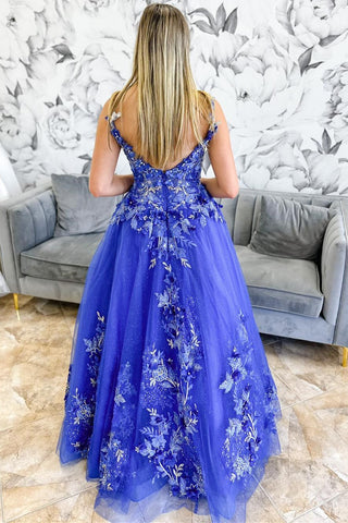 Blue V-Neck Open Back Ball Gown with Floral Appliques