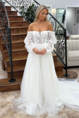 White Off-the-Shoulder Illusion Sleeves Appliques A-line Tulle Long Wedding Dress