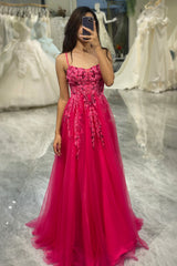 Tulle Fuchsia Spaghetti Straps Corset Applique Prom Dress