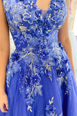 Blue V-Neck Open Back Ball Gown with Floral Appliques