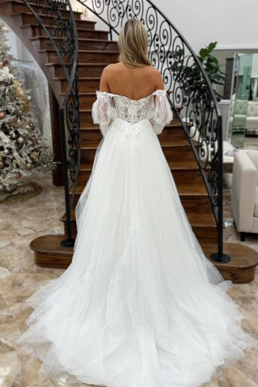 White Off-the-Shoulder Illusion Sleeves Appliques A-line Tulle Long Wedding Dress