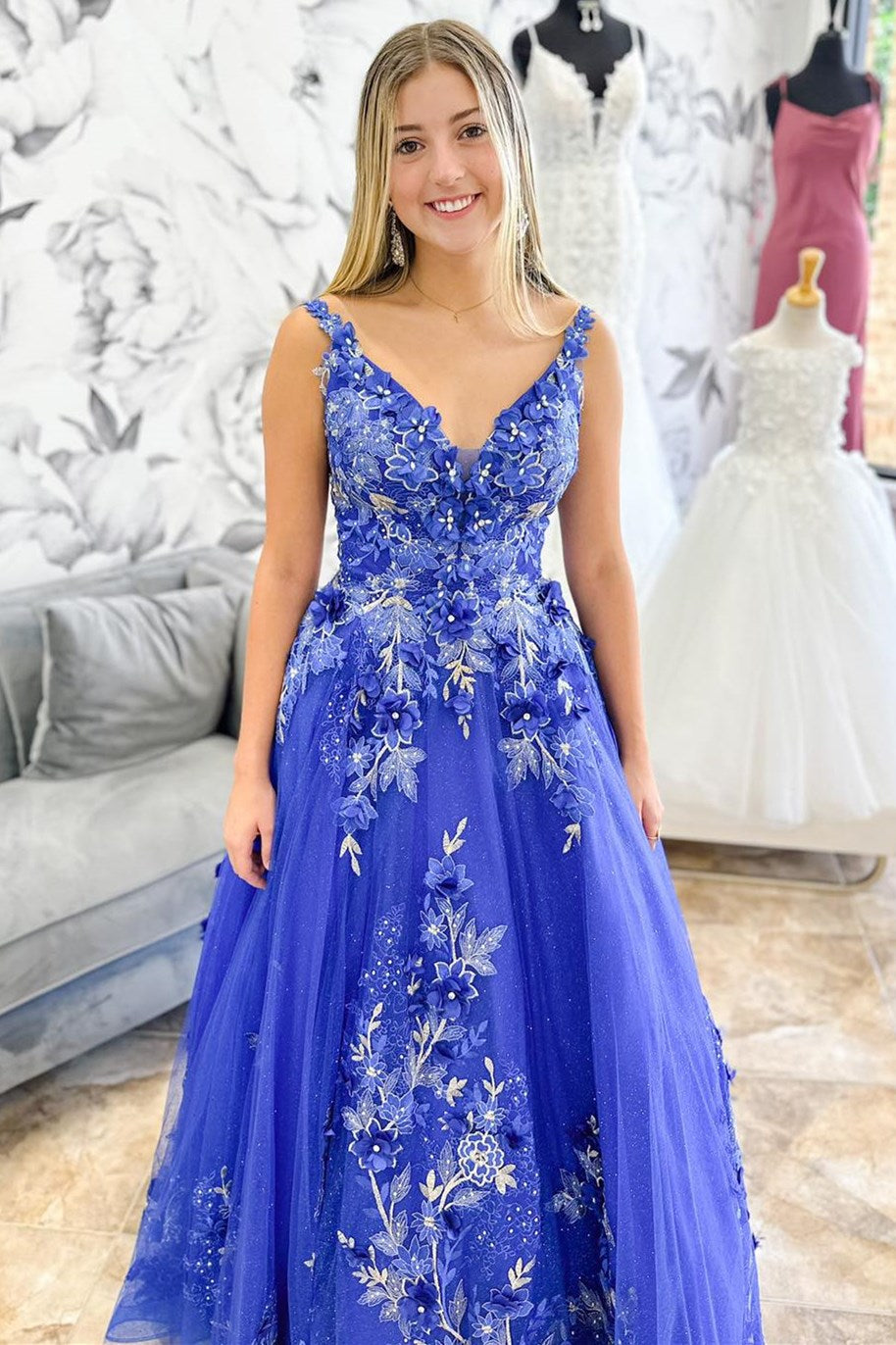 Blue V-Neck Open Back Ball Gown with Floral Appliques
