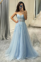 Tulle Light Blue Spaghetti Straps Corset Applique Prom Dress