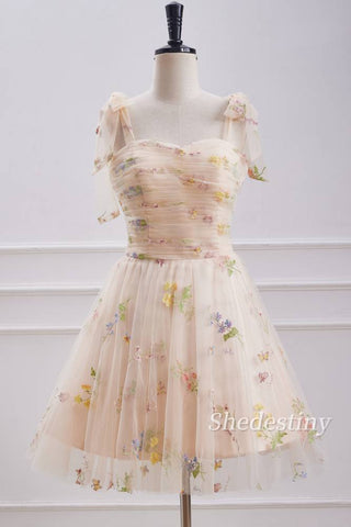 Floral Print Sweetheart Champagne Homecoming Dress 