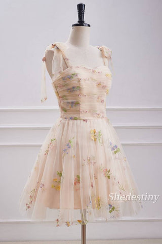 Floral Print Sweetheart Champagne Homecoming Dress Side
