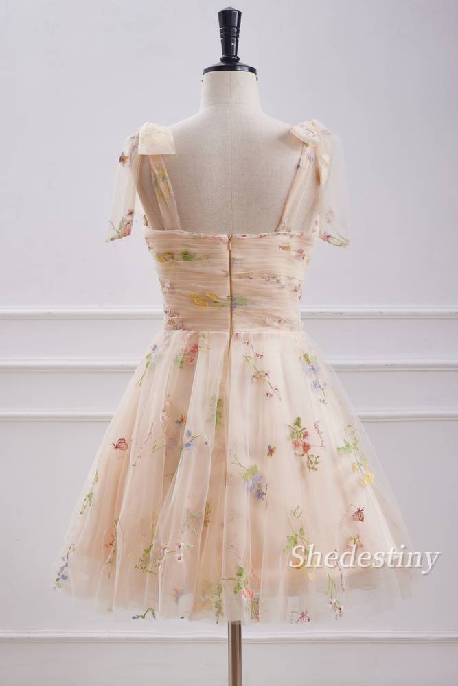back of Floral Print Sweetheart Champagne Homecoming Dress