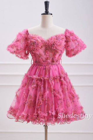 Fuchsia Floral Print A-Line Homecoming Dress with Ruffle 
