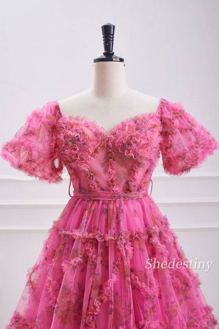 Fuchsia Floral Print A-Line Homecoming Dress with Ruffle