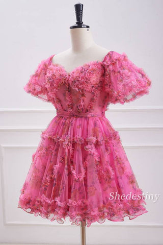 Fuchsia Floral Print A-Line Homecoming Dress with Ruffle Side